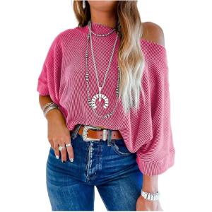 imageEVALESS Sexy Off The Shoulder Tops for Women 34 Length Sleeve Womens Tops Spring Summer 2025 Boat Neck One Shoulder ShirtsRose Red