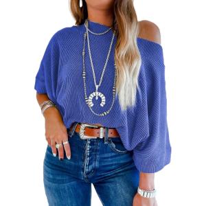 imageEVALESS Sexy Off The Shoulder Tops for Women 34 Length Sleeve Womens Tops Spring Summer 2025 Boat Neck One Shoulder ShirtsZ Dark Blue
