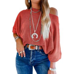 imageEVALESS Sexy Off The Shoulder Tops for Women 34 Length Sleeve Womens Tops Spring Summer 2025 Boat Neck One Shoulder ShirtsZ Tawny
