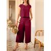 imageEVALESS Womens Summer 2 Piece Outfits Fashion 2025 Cap Sleeve Top and Wide Leg Pants Matching Set Vacation OutfitsRed Dahlia