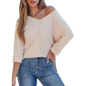imageEVALESS Womens 34 Length Sleeve Waffle Knit Tops Casual Summer Trendy Off The Shoulder T Shirts Loose Fit V Neck Tunic TopsApricot