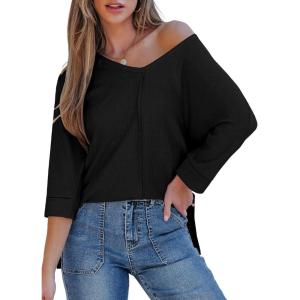 imageEVALESS Womens 34 Length Sleeve Waffle Knit Tops Casual Summer Trendy Off The Shoulder T Shirts Loose Fit V Neck Tunic TopsBlack