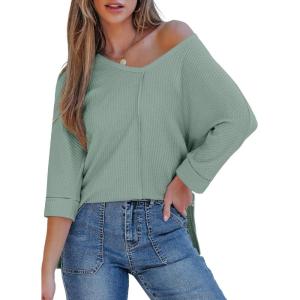 imageEVALESS Womens 34 Length Sleeve Waffle Knit Tops Casual Summer Trendy Off The Shoulder T Shirts Loose Fit V Neck Tunic TopsGreen