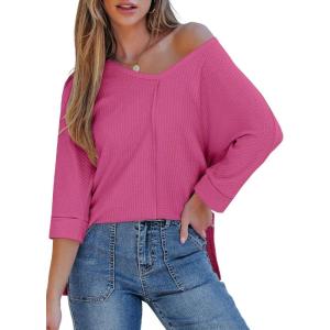 imageEVALESS Womens 34 Length Sleeve Waffle Knit Tops Casual Summer Trendy Off The Shoulder T Shirts Loose Fit V Neck Tunic TopsRose Red