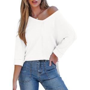 imageEVALESS Womens 34 Length Sleeve Waffle Knit Tops Casual Summer Trendy Off The Shoulder T Shirts Loose Fit V Neck Tunic TopsWhite