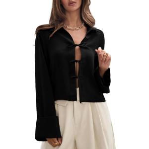 imageEVALESS Womens Blouses Cute Long Sleeve Bow Tie Front Shirts Going Out Tops Spring Summer Outfits Trendy 2025Black