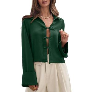 imageEVALESS Womens Blouses Cute Long Sleeve Bow Tie Front Shirts Going Out Tops Spring Summer Outfits Trendy 2025Green