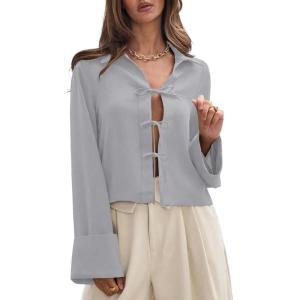 imageEVALESS Womens Blouses Cute Long Sleeve Bow Tie Front Shirts Going Out Tops Spring Summer Outfits Trendy 2025Light Grey