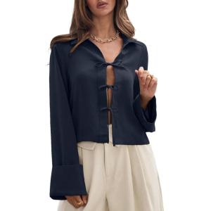 imageEVALESS Womens Blouses Cute Long Sleeve Bow Tie Front Shirts Going Out Tops Spring Summer Outfits Trendy 2025Sail Blue