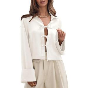 imageEVALESS Womens Blouses Cute Long Sleeve Bow Tie Front Shirts Going Out Tops Spring Summer Outfits Trendy 2025White