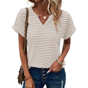imageEVALESS Womens Dressy Casual Cap Short Sleeve Tops Trendy Summer V Neck Loose Striped Casual Basic T Shirts Tee BlousesBeige Stripe