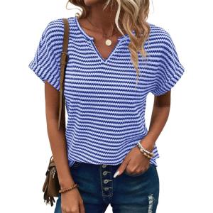 imageEVALESS Womens Dressy Casual Cap Short Sleeve Tops Trendy Summer V Neck Loose Striped Casual Basic T Shirts Tee BlousesBlue Stripe
