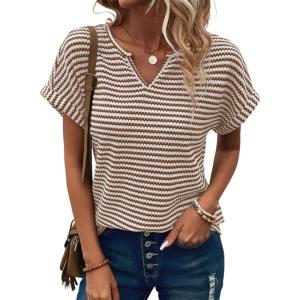 imageEVALESS Womens Dressy Casual Cap Short Sleeve Tops Trendy Summer V Neck Loose Striped Casual Basic T Shirts Tee BlousesBrown Stripe