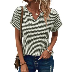 imageEVALESS Womens Dressy Casual Cap Short Sleeve Tops Trendy Summer V Neck Loose Striped Casual Basic T Shirts Tee BlousesGreen Stripe