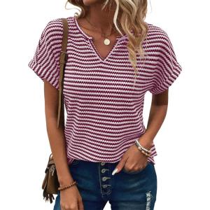 imageEVALESS Womens Dressy Casual Cap Short Sleeve Tops Trendy Summer V Neck Loose Striped Casual Basic T Shirts Tee BlousesRed Stripe