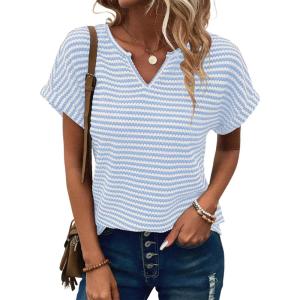imageEVALESS Womens Dressy Casual Cap Short Sleeve Tops Trendy Summer V Neck Loose Striped Casual Basic T Shirts Tee BlousesSky Blue Stripe