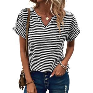 imageEVALESS Womens Dressy Casual Cap Short Sleeve Tops Trendy Summer V Neck Loose Striped Casual Basic T Shirts Tee BlousesWhite Stripe