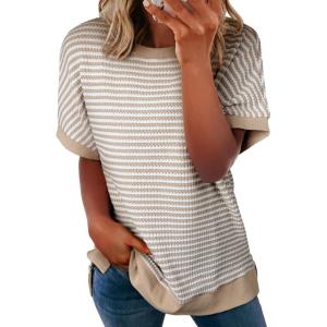 imageEVALESS Womens Oversized Tshirts Trendy Crewneck Short Sleeve Tops Color Block Striped T Shirts Loose Fit TeeApricot Stripe