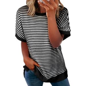 imageEVALESS Womens Oversized Tshirts Trendy Crewneck Short Sleeve Tops Color Block Striped T Shirts Loose Fit TeeBlack Stripe