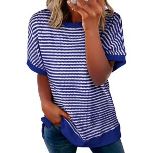 imageEVALESS Womens Oversized Tshirts Trendy Crewneck Short Sleeve Tops Color Block Striped T Shirts Loose Fit TeeBlue Stripe