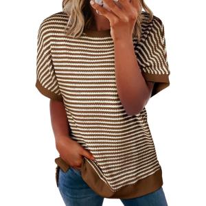 imageEVALESS Womens Oversized Tshirts Trendy Crewneck Short Sleeve Tops Color Block Striped T Shirts Loose Fit TeeBrown Stripe
