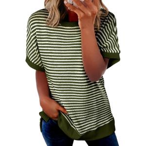 imageEVALESS Womens Oversized Tshirts Trendy Crewneck Short Sleeve Tops Color Block Striped T Shirts Loose Fit TeeGreen Stripe