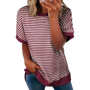 imageEVALESS Womens Oversized Tshirts Trendy Crewneck Short Sleeve Tops Color Block Striped T Shirts Loose Fit TeeRed Stripe