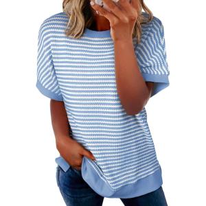 imageEVALESS Womens Oversized Tshirts Trendy Crewneck Short Sleeve Tops Color Block Striped T Shirts Loose Fit TeeSky Blue Stripe
