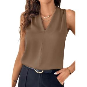 imageEVALESS Womens Pleated Tank Tops V Neck Casual Sleeveless Blouses Summer Basic Vest ShirtDark Khaki