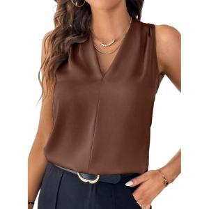 imageEVALESS Womens Pleated Tank Tops V Neck Casual Sleeveless Blouses Summer Basic Vest ShirtDesert Palm