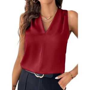 imageEVALESS Womens Pleated Tank Tops V Neck Casual Sleeveless Blouses Summer Basic Vest ShirtRacing Red