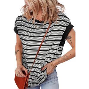 imageEVALESS Womens Short Sleeve Tops Casual Crewneck Oversized T Shirts Summer Trendy Striped Knit Tee BlousesBlack Stripe