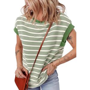 imageEVALESS Womens Short Sleeve Tops Casual Crewneck Oversized T Shirts Summer Trendy Striped Knit Tee BlousesGreen Stripe