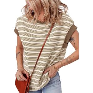 imageEVALESS Womens Short Sleeve Tops Casual Crewneck Oversized T Shirts Summer Trendy Striped Knit Tee BlousesKhaki Stripe