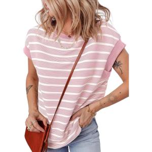 imageEVALESS Womens Short Sleeve Tops Casual Crewneck Oversized T Shirts Summer Trendy Striped Knit Tee BlousesPink Stripe