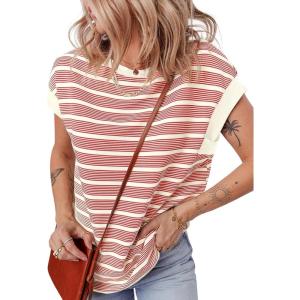 imageEVALESS Womens Short Sleeve Tops Casual Crewneck Oversized T Shirts Summer Trendy Striped Knit Tee BlousesRed Stripe