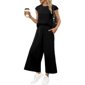 imageEVALESS Womens Summer 2 Piece Outfits Fashion 2025 Cap Sleeve Top and Wide Leg Pants Matching Set Vacation OutfitsBlack