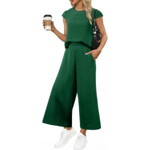 imageEVALESS Womens Summer 2 Piece Outfits Fashion 2025 Cap Sleeve Top and Wide Leg Pants Matching Set Vacation OutfitsGreen