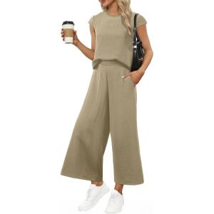 imageEVALESS Womens Summer 2 Piece Outfits Fashion 2025 Cap Sleeve Top and Wide Leg Pants Matching Set Vacation OutfitsKhaki