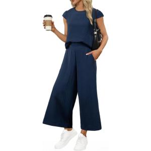 imageEVALESS Womens Summer 2 Piece Outfits Fashion 2025 Cap Sleeve Top and Wide Leg Pants Matching Set Vacation OutfitsNavy Blue