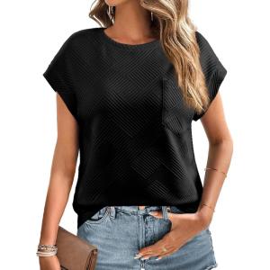 imageEVALESS Womens Summer Tops Crewneck Cap Sleeve Dressy Casual Business Textured Solid Loose Basic T Shirts Tee BlousesBlack