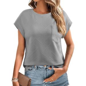 imageEVALESS Womens Summer Tops Crewneck Cap Sleeve Dressy Casual Business Textured Solid Loose Basic T Shirts Tee BlousesGrey