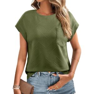 imageEVALESS Womens Summer Tops Crewneck Cap Sleeve Dressy Casual Business Textured Solid Loose Basic T Shirts Tee BlousesJungle Green