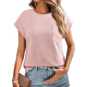 imageEVALESS Womens Summer Tops Crewneck Cap Sleeve Dressy Casual Business Textured Solid Loose Basic T Shirts Tee BlousesLight Pink