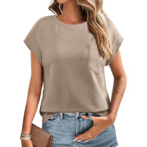 imageEVALESS Womens Summer Tops Crewneck Cap Sleeve Dressy Casual Business Textured Solid Loose Basic T Shirts Tee BlousesTaupe