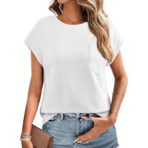 imageEVALESS Womens Summer Tops Crewneck Cap Sleeve Dressy Casual Business Textured Solid Loose Basic T Shirts Tee BlousesWhite