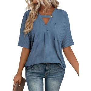 imageEVALESS Womens Summer Tops V Neck Short Sleeve Solid Loose Dressy Casual Basic T Shirts Tee BlousesBeau Blue