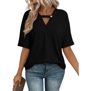 imageEVALESS Womens Summer Tops V Neck Short Sleeve Solid Loose Dressy Casual Basic T Shirts Tee BlousesBlack