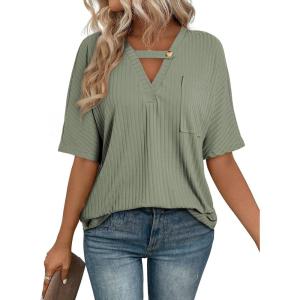 imageEVALESS Womens Summer Tops V Neck Short Sleeve Solid Loose Dressy Casual Basic T Shirts Tee BlousesLight Green