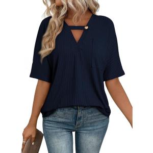 imageEVALESS Womens Summer Tops V Neck Short Sleeve Solid Loose Dressy Casual Basic T Shirts Tee BlousesNavy Blue